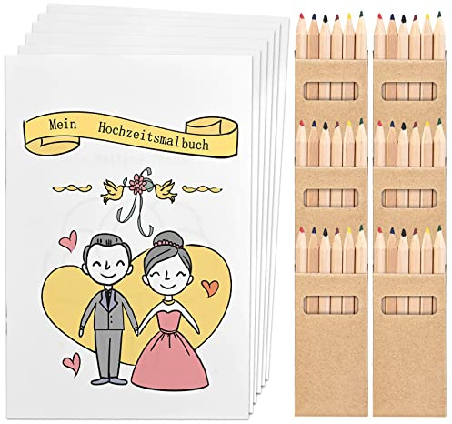 6 Hochzeitsmalbücher für Kinder mit 36 Buntstiften – Kinderbeschäftigung zur Hochzeit, Perfekte Gastgeschenke & Hochzeitsdeko für die kleinen Gäste