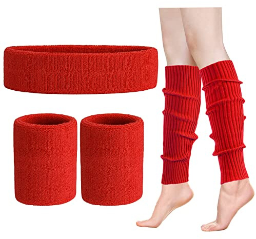 ONUPGO Beinlinge Set Damen 80er Neon Strick Beinlinge Stirnband Armbänder 1980er Jahre Workout Kostüme Zubehör für Frauen (Red)