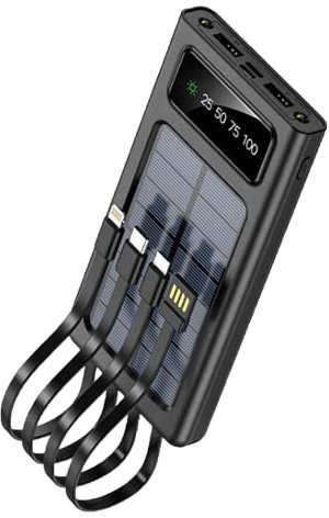 APM Batterie Externe Solaire, 10000mAh Power Bank, Batterie Portable avec Câbles Intégrés, USB C, Lightning, Micro, Charge Rapide Compatible avec iPhone 16 15 14 13 12 Pro Samsung iPad etc, 572004