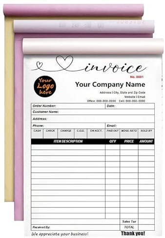 Custom Carbonless Sales Rechnungsformular Bücher für kleine Unternehmen, personalisiertes NCR 3-teiliges Quittungsbuch mit Carbon-Kopien, Cover hinzufügen Firmenname, Adresse und Nummer gedruckt