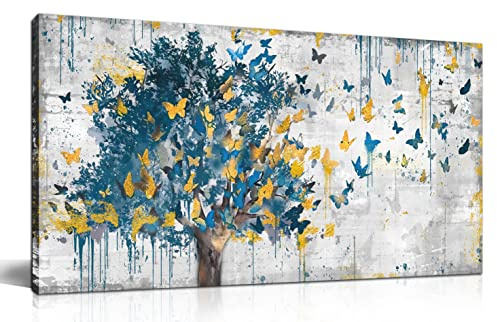 Kepgonegu Large Canvas Wall Art Blue Tree Golden Butterflies Picture Abstract Grey Graffiti Canvas Prints Ready to Hang for Living Room Bedroom Size 20x40
