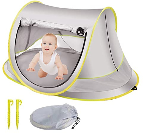 Baby Strandmuschel UV Schutz, Strandmuschel Pop Up mit Aufbewahrungstasche Einfacher Aufbau Baby Move Strand Muschel Pop Up Zelt Strand Baby, Baby Beach Travel Tent für Reisen, Wandern, Camping, Grau
