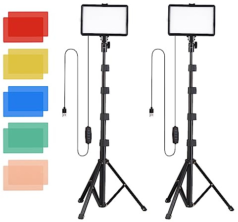 Camnoon Lot de 2 Lampes Vidéo LED USB Kit de Lumières de Remplissage de Température Bicolore 10 Niveaux de Luminosité avec Supports de Lumière Filtres de Couleur pour Éclairage de Vidéoconférence