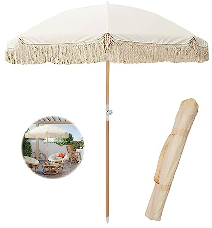 Sombrilla De Mesa Para Terraza Exterior 200cm Con Flecos, Parasol Grande Con Inclinación, Protección UV, Plegable e Impermeable Con Bolsa De Transporte