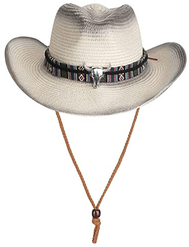 Straw Cowboy Hat Men Women Floppy Sun Hat Panama Hat with Bull Head Ornament Wide Brim Western Cowgirl Cap Foldable Natural Straw Braided Trilby Hat with Adjustable Chin Strap for Outdoor Activities