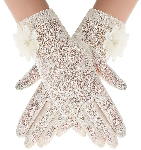 Yolev Guantes de Encaje Floreados para Mujer Lace Gloves Cortos Elegantes Guant Elásticos de Verano Halloween Guantes de conducción con Pantalla Táctil para la Cena de la Opera Boda