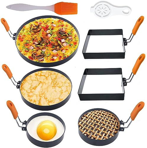 Paquete de 6 anillos de huevo grandes para freír huevos a la plancha, anillo grande de tortilla de 8 pulgadas, anillo para panqueques de 6 pulgadas, anillo redondo y cuadrado de 4 pulgadas, molde
