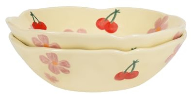 Koythin Salad Bowls Set of 2, Cute Cherry Flower Ceramic Bowls, Cream Yellow Serving Bowl for Pasta, Cereal, Fruit, Soup, Rice, Dishwasher and Microwave Safe (Cherry Set of 2), KH01692PC | Dual Safe Ceramic Bowl Set, For Cereal Salad Rice; Sweet Kitchen Decor, Women Gift