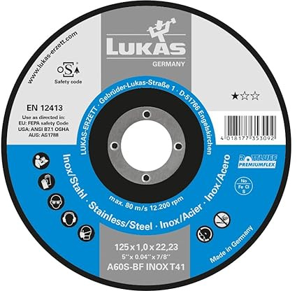 LUKAS ERZETT 50 discos de corte T41 para acero inoxidable 125 x 1,6 mm recto, para amoladora angular, A46T-BF - 13,5 x 14,5 x 12 cm