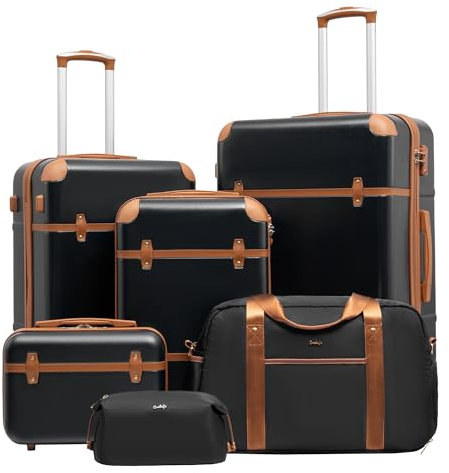 COOLIFE Koffer Set, Hartschalenkoffer 6 TLG Reseikoffer (20/24/28) Enthält 1 Kosmetikkoffer, 1 Reisetasche und 1 Kulturbeutel TSA-Schloss 4 Rollen, Schwarz/Braun, Koffer-Set 6tlg