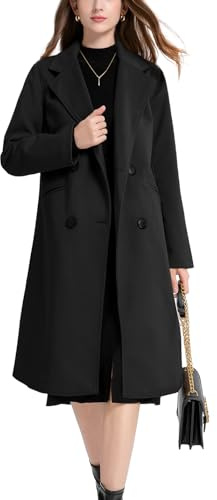 Sukany Women's Winter Wool Blend Coat Notch Lapel Double Breasted Casual Mid Long Pea Coat Trench Jackets Outwear Black XL