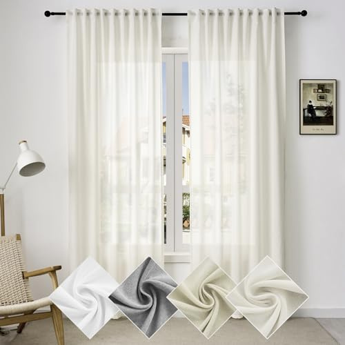 WOLTU Gardine, Schiebegardine für Wohnzimmer Schlafzimmer, mit Kräuselband, Leinenoptik, Halbtransparent Voile modern, 135 x 225 cm, Creme