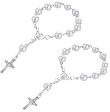 2 Stück Perlenkreuzkette, Autospiegel-Anhänger, Autozubehör, Hängendes Kreuz, Autokette, Mini-Rosenkranz, Personalisiertes Auto-Interieur, Autospiegel-Aufhängung (Weiß)