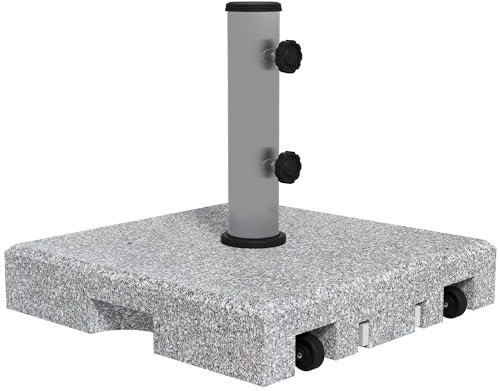 Outsunny 28kg Granite Parasol Base, Heavy Duty Square Umbrella Stand with Wheels and Retractable Handle, Parasol holder for 32mm, 38mm, 48mm Poles, Grey