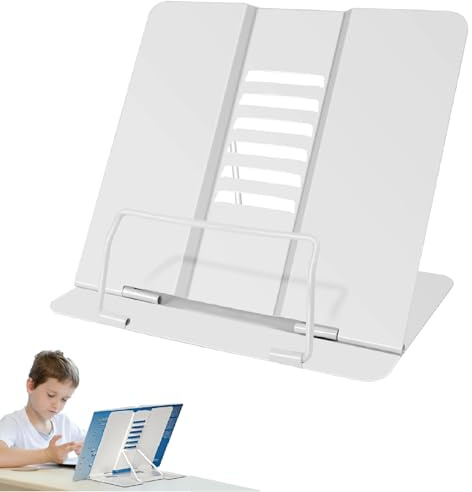 Metal Book Stand,Metal Cookbook Holder,Book Holder for Reading,Portable Sturdy Bookstands,Multifunctional Reading Rack,Adjustable Recipe Document Stand,Suitable for Kitchen,Offices,School(White)