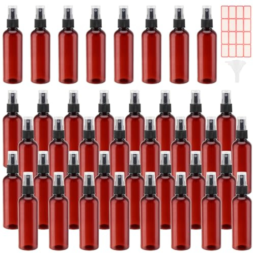 ZEONHEI 40 Pieces 100ml Brown Spray Bottle, 3.4oz Plastic Portable Empty Fine Mist Sprayer Container Set with Funnels and Labels, Refillable Spray Bottle Bulk for Travel Storage