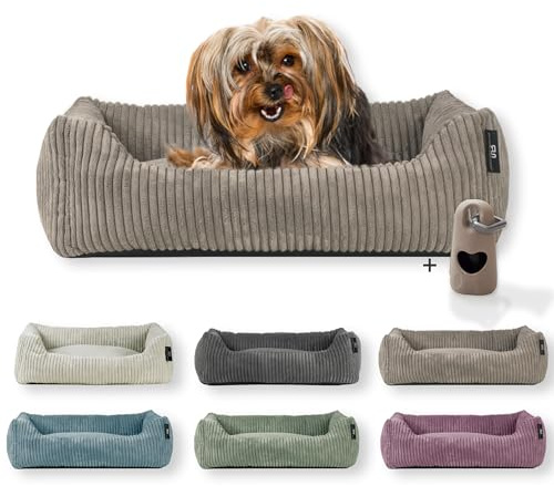 Rohrschneider Hundebett waschbar, kleine und mittelgroße Hunde, Hundekissen | (ca. 55 x 42 cm) inkl. Gassibeutel (Taupe 55 cm, Cordstoff breit)