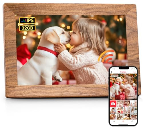 Frameo 10.1 Digital Picture Frame, Smart WiFi Digital Photo Frame with 1280x800 HD IPS Touch Screen 32GB Memory Auto-Rotate Wall Mounted, Share Photos/Videos from Phone Anywhere - Brown