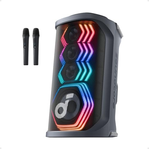 Soundcore Rave 3S AI Party Speaker with 2 Wireless Microphones, 200W Sound, AI Vocal Removal, Reverb, Light Show, 12H Playtime, Portable Bluetooth PA System for Home, Party, or Backyard