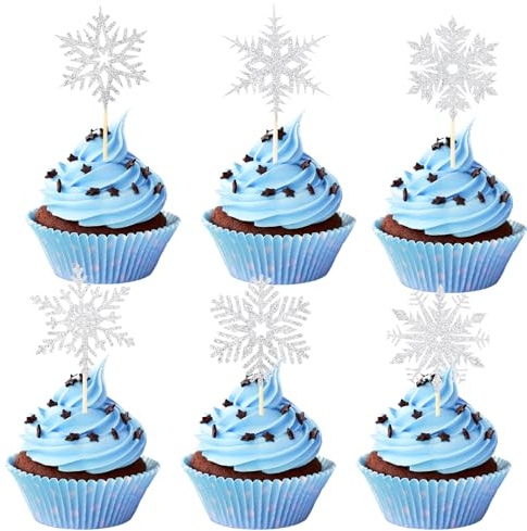 Catelves Schneeflocken Cupcake Topper,24 Stück Schneeflocke Tortendeko,Frozen Tortendeko,Silber Schneeflocken Kuchen Deko,Glitzer Winter Muffin Deko,Frozen Cake Topper für Weihnachten Geburtstag