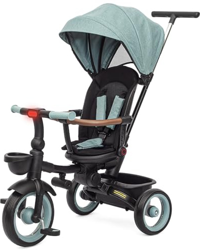 UBRAVOO Baby Tricycle,7 in 1 Foldable Trike for Kids age 10M+ to 5 Years,Headlights.1-Step Brake Folding Pedal, Extended Canopy, Detachable Guardrail (Green-Black)