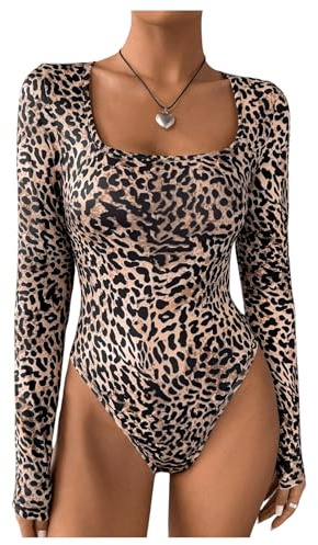 GORGLITTER Leopard topp damer body med fyrkantig urringning sexig bodysuit lejon body långärmad t-shirt body vinter bodysuit, Lejon, M