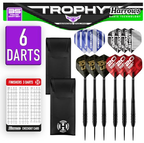 Harrows Trophy 35 st dartset: högpresterande 6 x stålspetspilar med premiumgrepp, ultimat paket med fulla darttillbehör: Dartplånböcker, dartstjälkar, dartflygningar, gratis kassakort