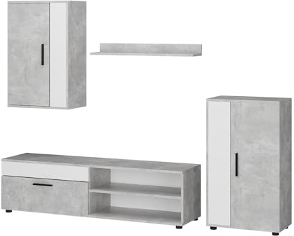 Vicco Wohnwand Berno Beton | set, 4 Teile, zur Aufbewahrung und Präsentation von Multimedia-Geräten