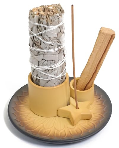 BEYLAB 4 in 1 Stern Design Räucherstäbchenhalter Keramik Räucherschale für jedes Räucherwerk, Räucherstäbchen, Palo Santo Halter, Weißer Salbei, Räucherkegel, Kerzen - Gelb
