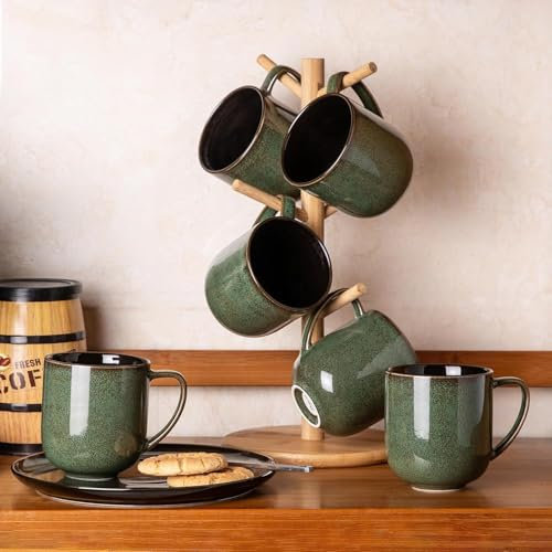 LeRatio Lot de 6 tasses à café en grès avec grande poignée pour latte, cappuccino, lait, cacao, passent au lave-vaisselle, vert jade de 350 ml