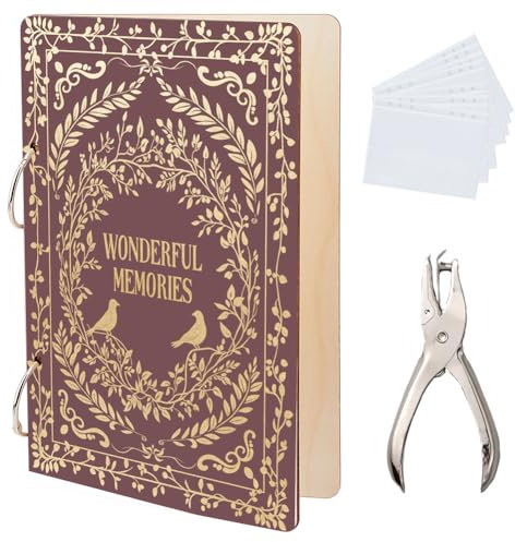 SUPERDANT Wonderful Memories Greeting Card Organizer Vintage Patterns Postcard Binder Wooden Cards Keeper Binder 2-Rings Photo Album for Birthday Wedding Holiday with Punch and 20 Pockets