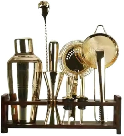 KEuLen Cocktail Shaker Set, Cocktail Making Set, 12 Piece Cocktail Shaker Set With Wood Stand Stainless Steel Kit For Party Bar(Gold)