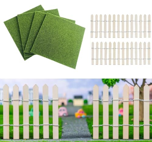 KARLOR Miniatur Kunstrasen mit Minizaun Set, 2 Zäune+ 4 Kunstrasen 15x15cm Holz Gartenzaun Mini Garten Deko Feengarten Zaun Kunstrasen zum basteln Kunstrasen Teppich für Mikrolandschaft Wichtel Garten