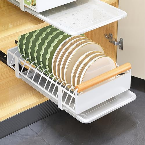 Organizer Schublade mit Abnehmbarer Abtropfschale - Holzgriff Tellerhalter Schrank Selbstklebender Ohne Bohren - 41x26x13cm