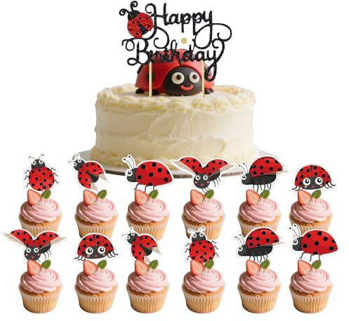 25 piezas Mariquita Cake Topper Mariquita Cumpleaños Decoración Decoración para Pasteles Mariquita Happy Birthday Cake Topper para Niños y Niñas Fiesta de Cumpleaños
