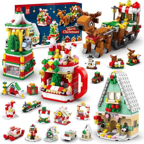LATERN Calendrier de L'avent de Noël 2025, 24 Jours Calendrier de Compte à Rebours de Noël avec 1099 Pièces 6 En 1 Élan Traîneau Maison Construction Jouets pour Enfants Noël Cadeaux Fêtes Décoration
