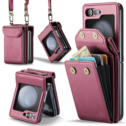 Asuwish Phone Case for Samsung Galaxy Z Flip 5 5G 2023 Wallet Cell Cover with Wrist Lanyard Crossbody Strap RFID Blocking Stand Credit Card Holder Slot ZFlip5 Z5 G Flip5 ZFlip 5Z Women Men Wine Red