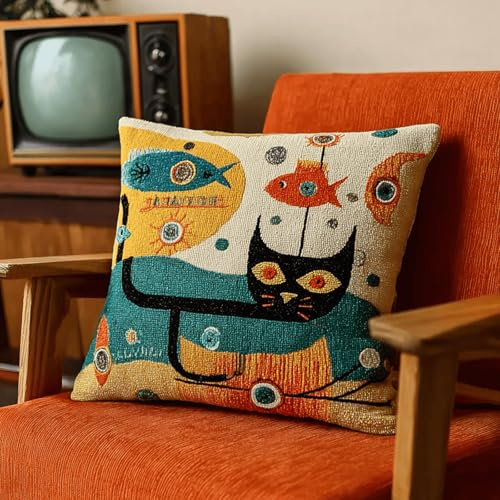 ANSIWEIGO Selbstgemachtes Knüpfkissen 43x43,Knüpfset mit Muster & Zubehör für Kinder & Erwachsene,DIY Kissenhülle für Couch & kreative Auszeit,Ideal für Anfänger,Karikatur, Abstrakt, Katze