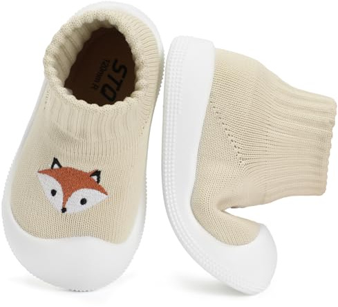 STQ Baby Shoes Sock Walking Shoes Infant Non-Slip Breathable Slippers with Soft Sole Boys Girls Slip On Sneakers Lightweight Toddler Wide Toe Box First Shoe Beige Fox 12-18 Months