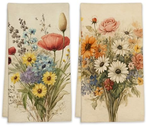 LUOENY 2 Pcs Vintage Floral Tea Towels Set Absorbent Quick Dish Cloths Hand Towels Reusable Bar Hand Dishcloths Decor for Bathroom Kitchen Home Supplies, 45x60 cm
