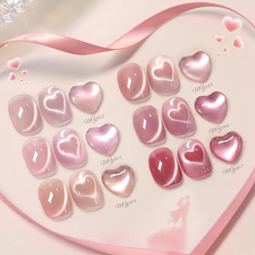 BORN PRETTY Cat Magnetic Eye Gel Nail Polish 6 Colors Crystal Jelly Pink Series Gel Polish Set with Magnet Soak Off U V LED Nail Art Varnish Kit for Women