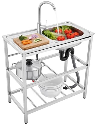 OUBUBY utomhus handfat fristående tvättställ, 1 handfat mobilt handfat med varm- och kallvattenkran & underskåp, rostfritt stål diskbänk för restauranger, kaféer, garage (75 × 40 × 78 cm)