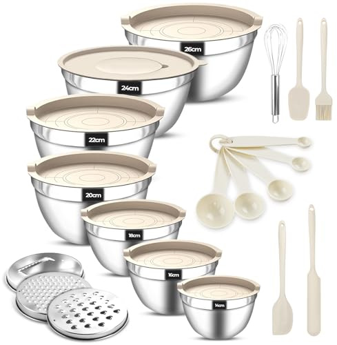 Ecofocet Set de 7 Boles Acero Inoxidable con Tapa, Bol de Acero Inoxidable con Rallador y Accesorios de Cocina, Ensaladera Apilable, Cuencos de Mezcla para Mezclar, Servir y Almacenar (Ø14–26 cm)