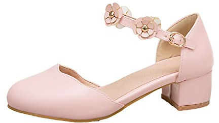 YIzdegg Prinsessskor flicka – klackskor rund tå klänning skor med klack bröllopsskor ankle-Strap högklackade skor eleganta ballerina singel skor andas flickskor, ROSA, 36 EU