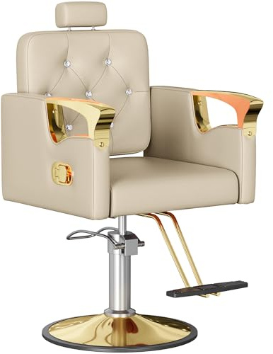 LOUVIXA Barber Chair Reclining, Salon Chairs for Hair Stylist, Height Adjustable Salon Styling Chair, 360 Swivel Barbershop Chair (Beige-Golden-330lbs)