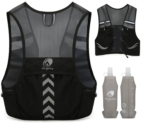 Outplea Lätt löparväst med 2 st 500 ml vattenflaska för män kvinnor, reflekterande vattenväst hydreringspaket hydropack för vandring, M/L, Svart, L: 35.4 - 49.2, Modern
