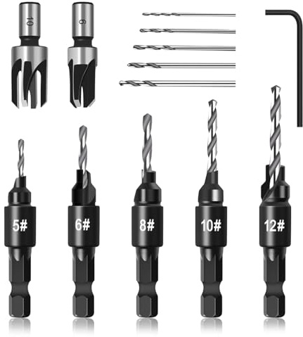 Asheyya 7 Pack Countersink Drill Bit Set, Including 5 PCS 1/4 Hex Shank Adjustable Countersink Drill Bit (#5, 6, 8, 10, 12) & 2 Plug Cutters (#6, 10)