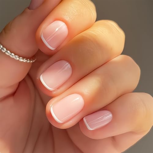 24Pcs Press On Nails French Tip False Nails – Classic White Nude Short Square Acrylic Nail Tips with Glue, Removable, Elegant Minimalist Daily Commuting French Nails