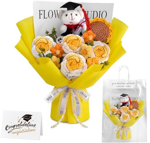 Gehäkeltes Blumenbouquet – Handgefertigtes Blumenstrauß-Geschenkset mit Geschenktüte & Grußkarte – Künstliches Bouquet aus Rosen & Sonnenblumen für Abschlussfeiern & Geburtstage