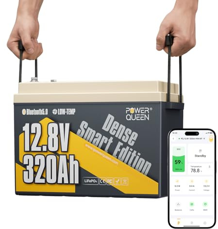 Power Queen Batería de litio 12V 320Ah MINI con Bluetooth, BMS de 200A y protección de baja temperatura, Max. 15 000 ciclos, Batería de litio de gran capacidad perfecta para Autocaravanas